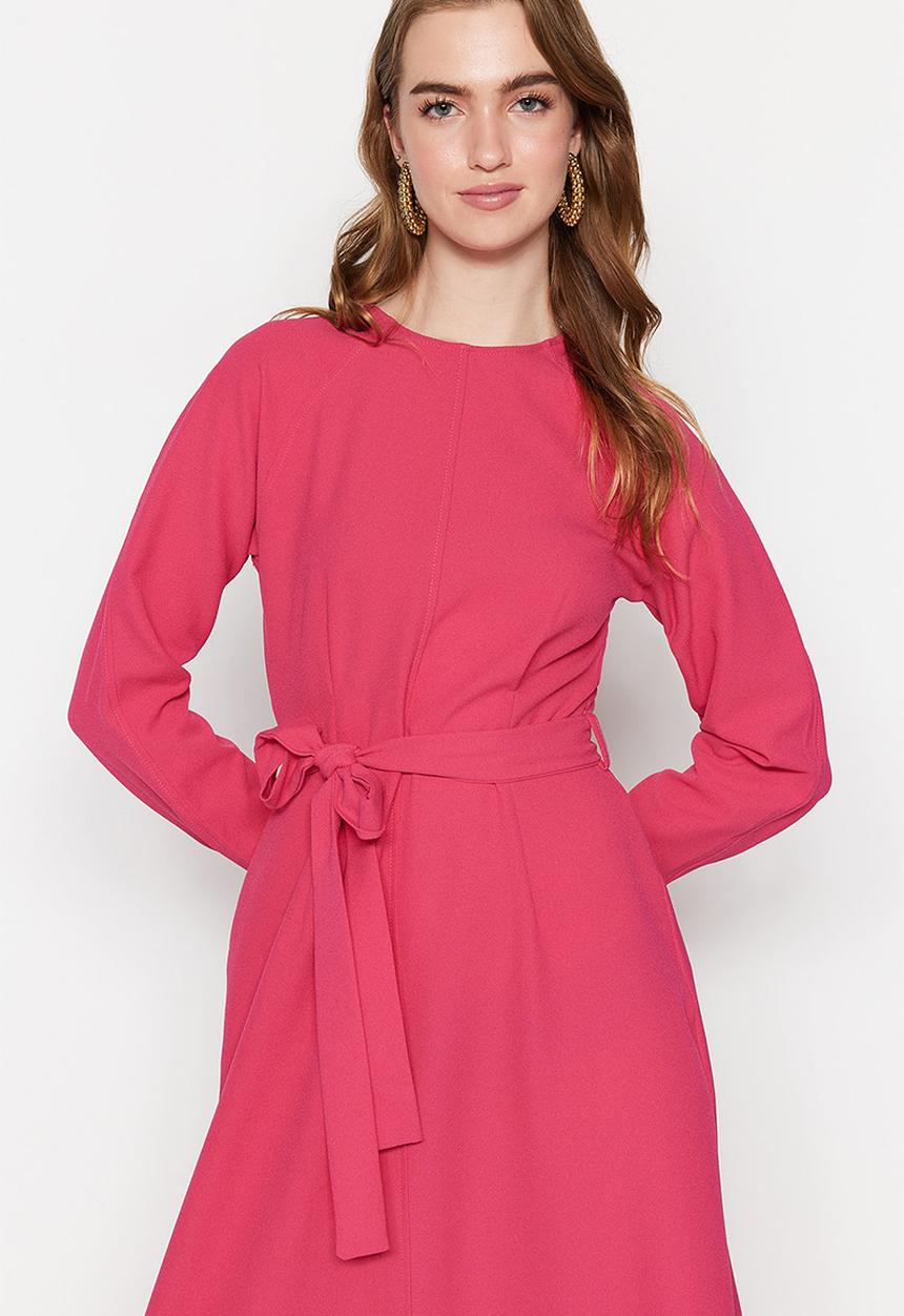 Trendyol - Modest long sleeve belted dress - pink