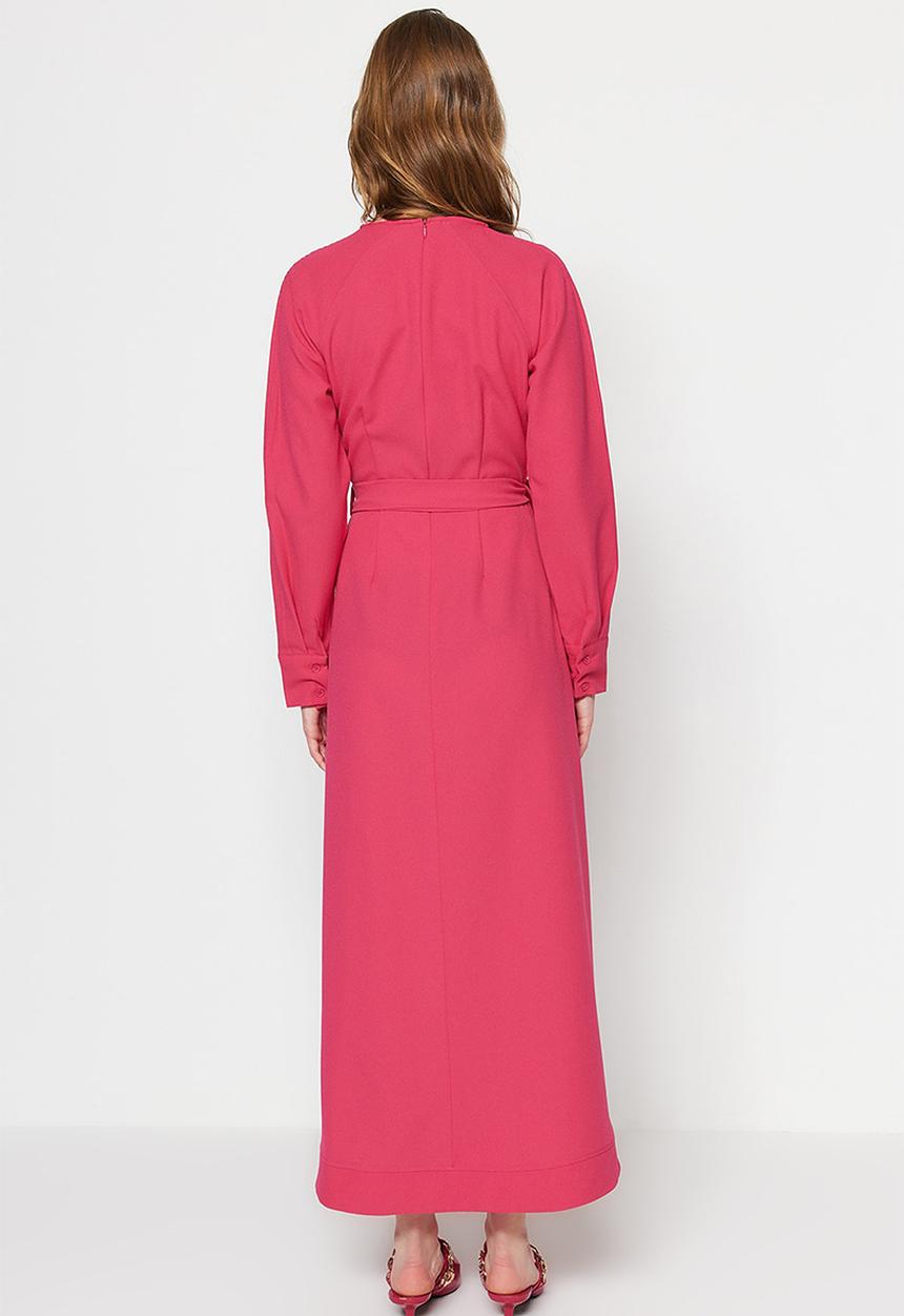 Trendyol - Modest long sleeve belted dress - pink