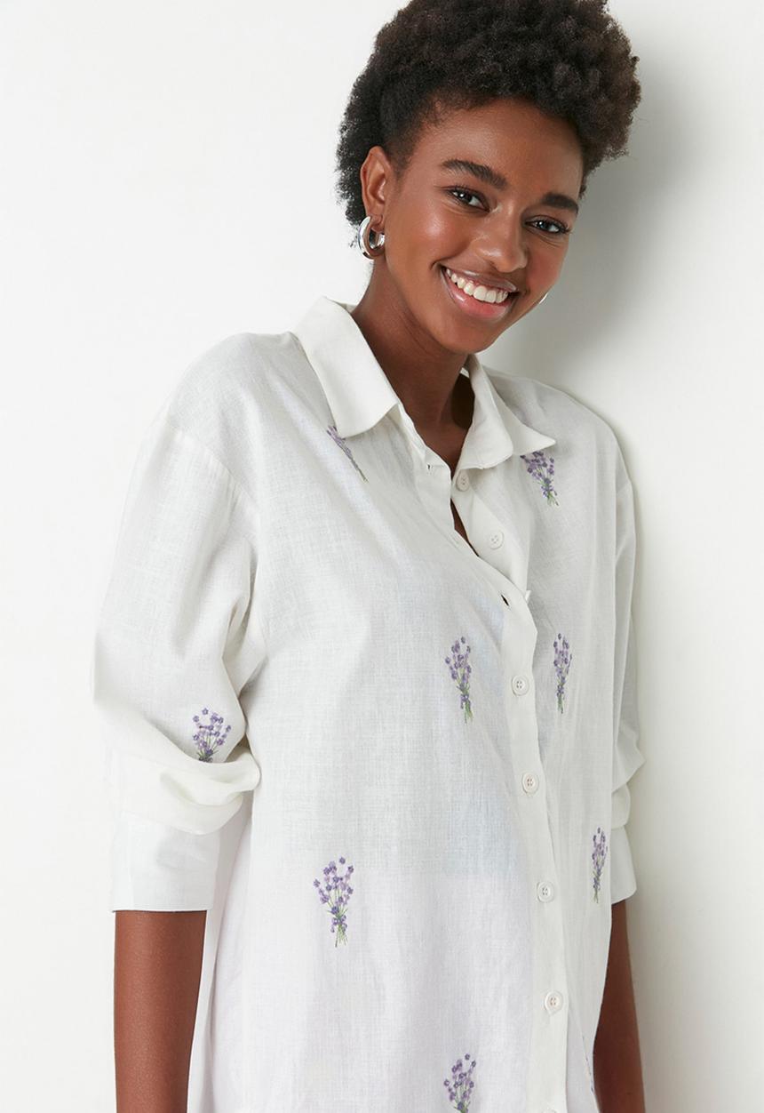 Trendyol - Long basic embrodiery shirt - ecru