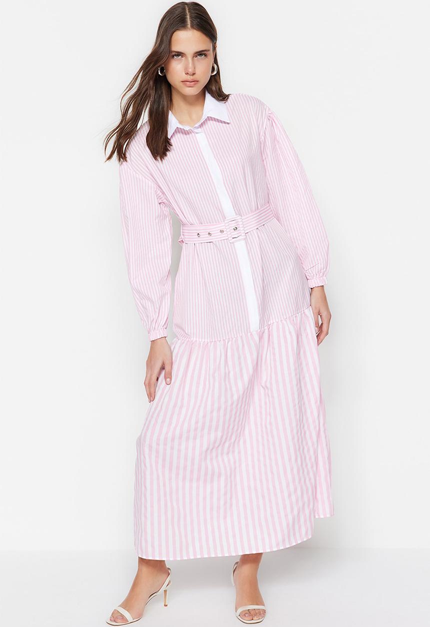 Trendyol - Modest stripe shirt dress - pink
