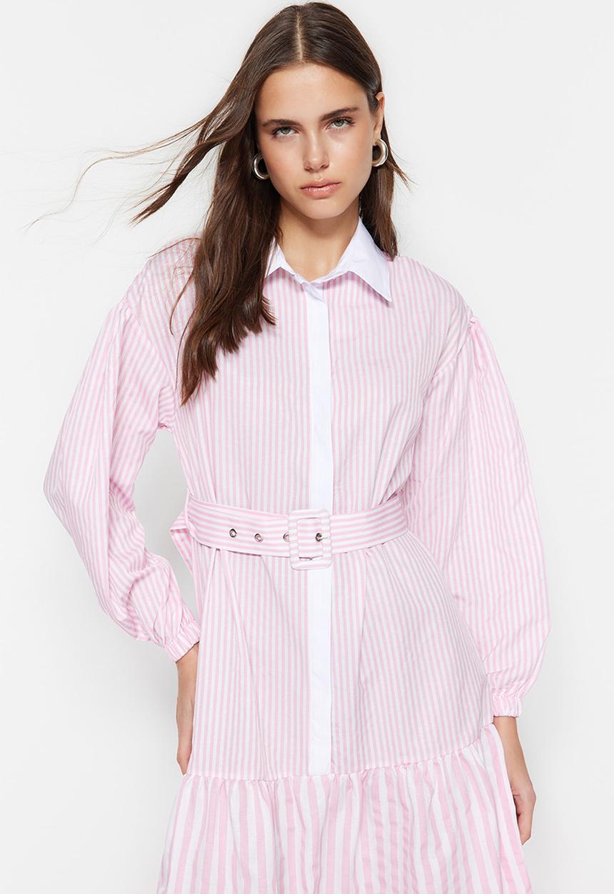 Trendyol - Modest stripe shirt dress - pink