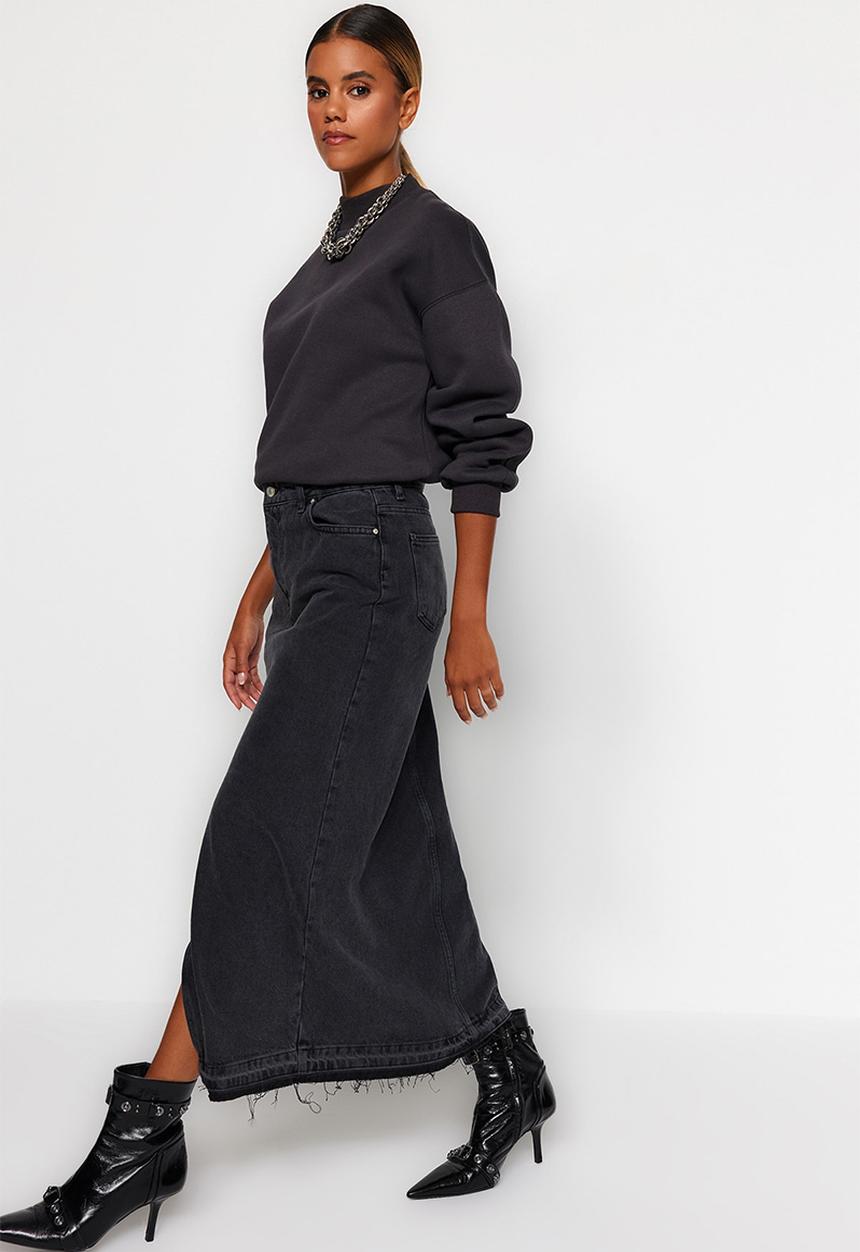 Trendyol - Denim pencil maxi skirt - black