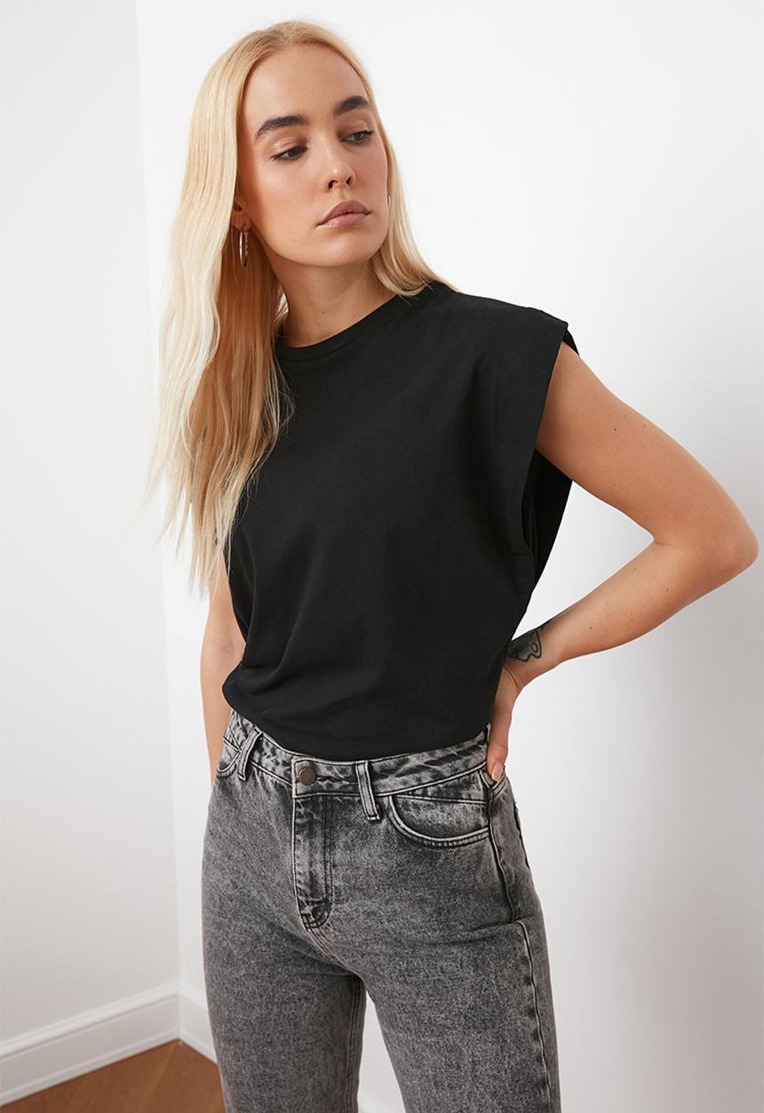 Trendyol - Cap sleeve knit tshirt - black