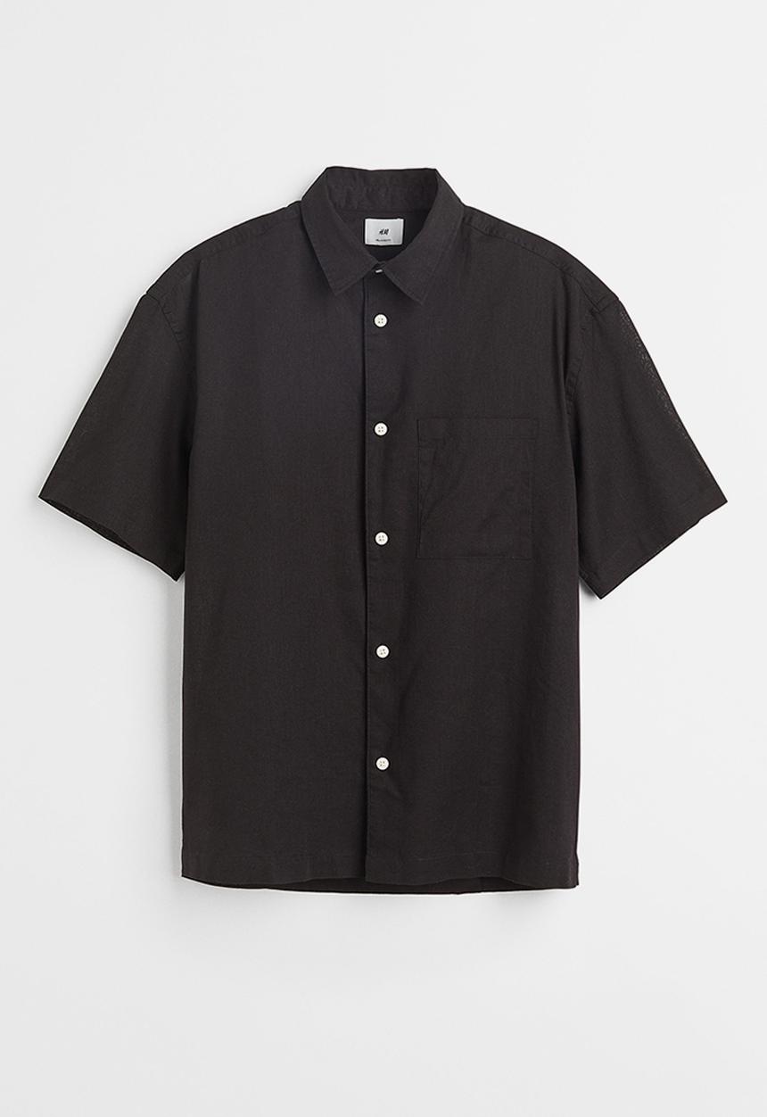 H&M - Relaxed fit short-sleeved linen-blend shirt - black