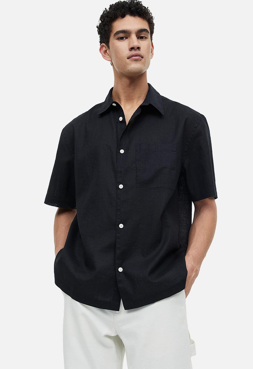 H&M - Relaxed fit short-sleeved linen-blend shirt - black
