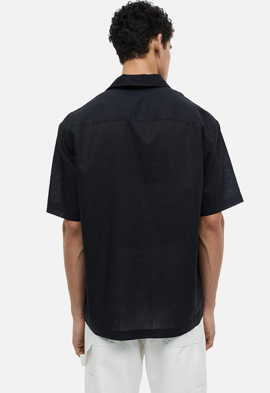 H&M - Relaxed fit short-sleeved linen-blend shirt - black