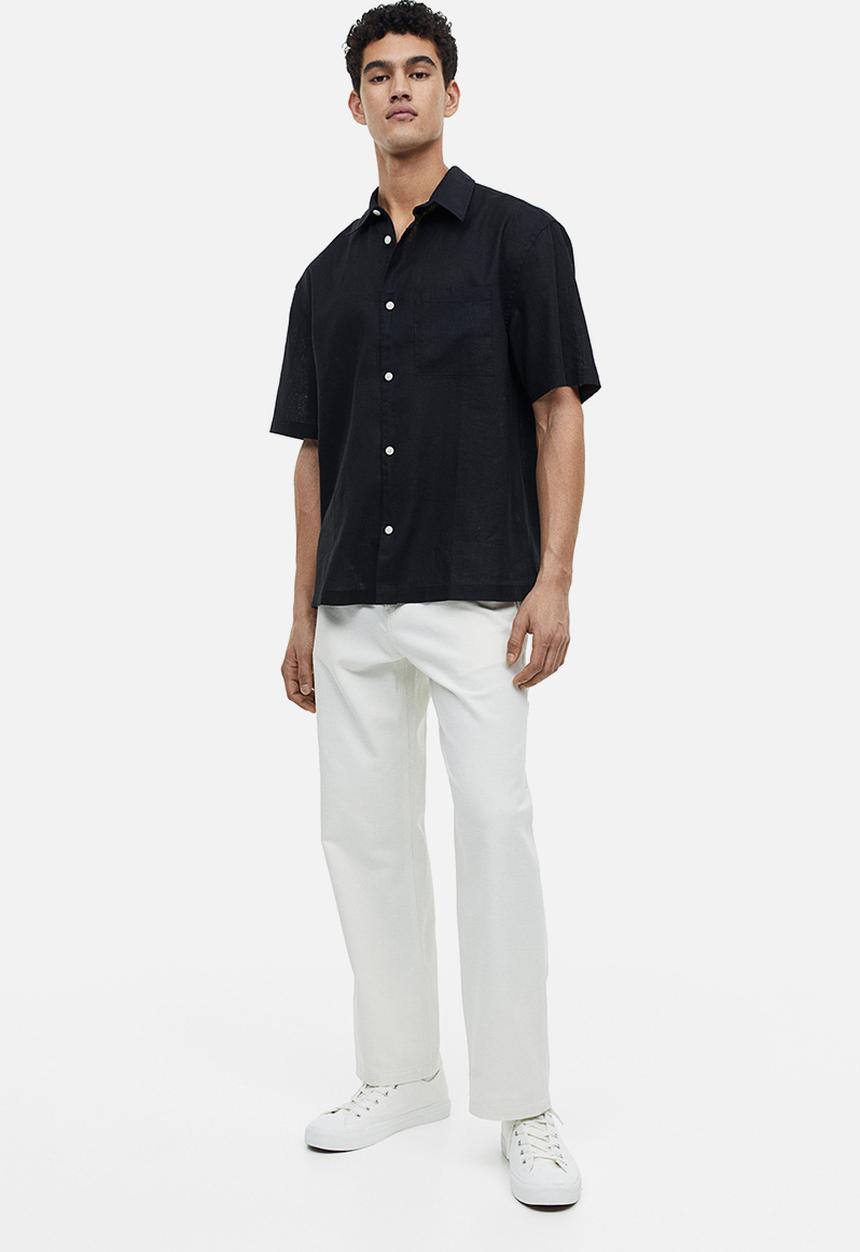 H&M - Relaxed fit short-sleeved linen-blend shirt - black