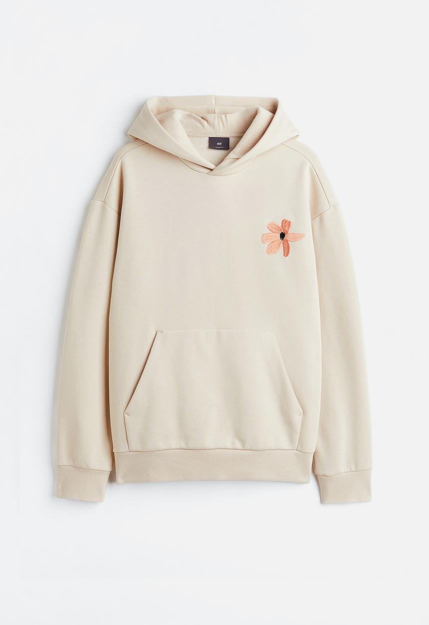 H&M - Relaxed fit printed hoodie - light beige flower