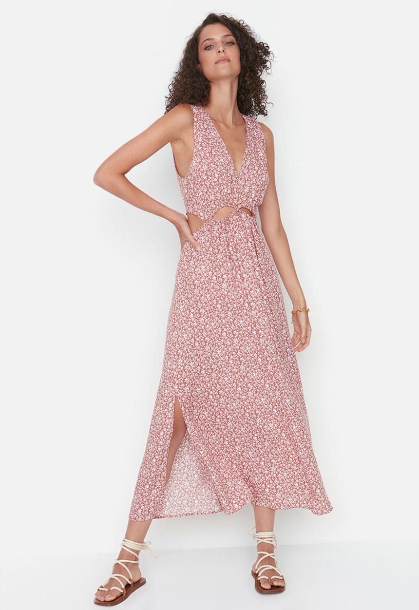 Trendyol - Floral cut out midi dress - orange