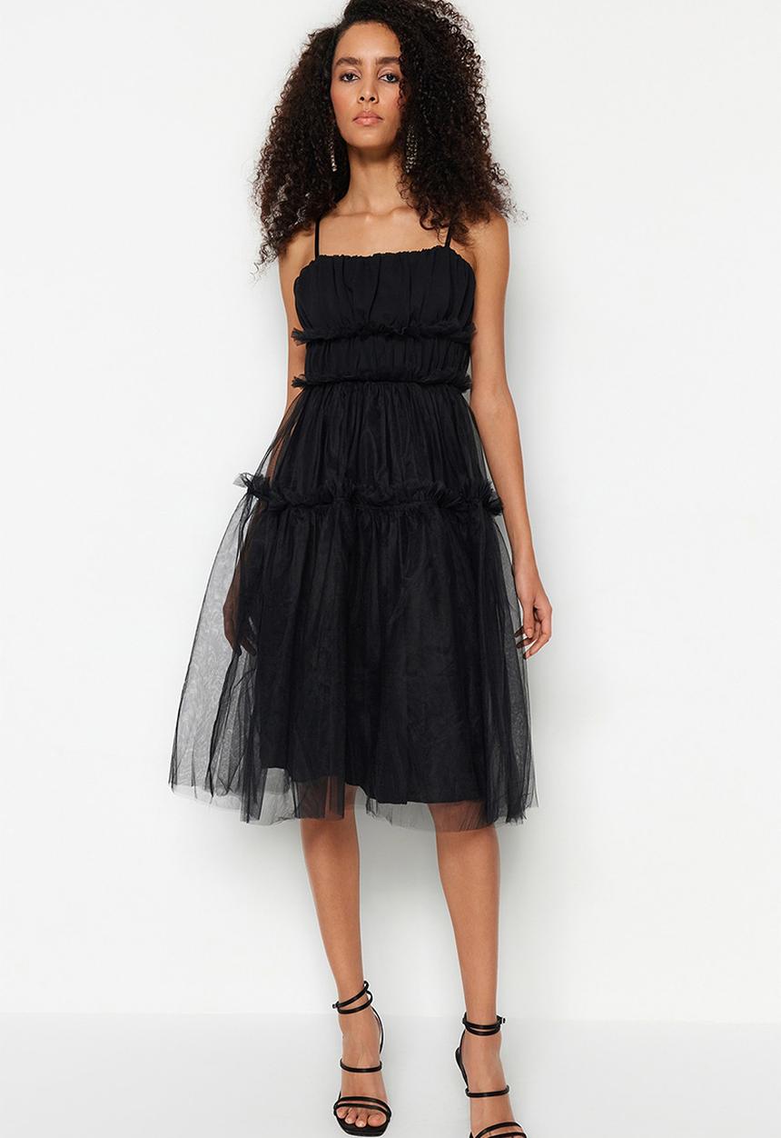 Trendyol - Tiered mesh midi dress - black