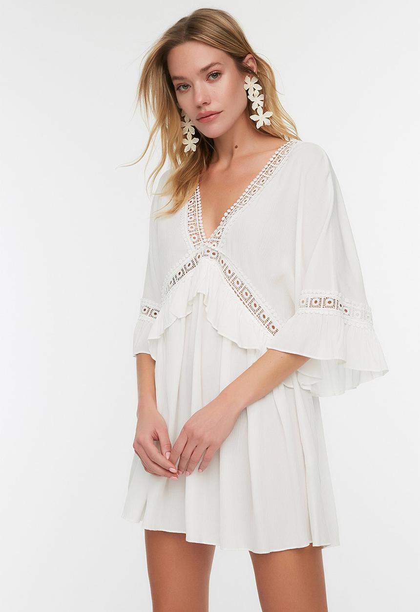 Trendyol - Mini ruffle v-neck beach dress - white