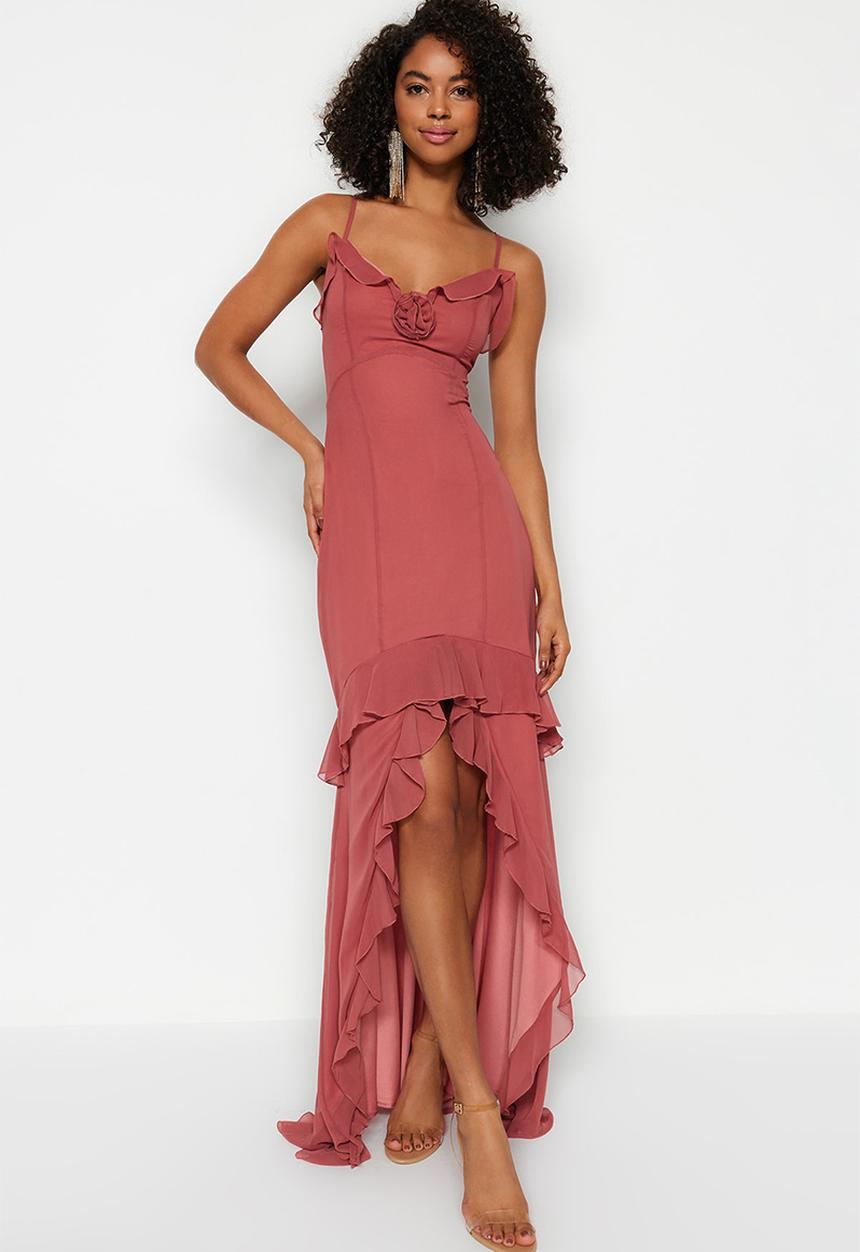 Trendyol - Ruffle maxi evening dress - pink
