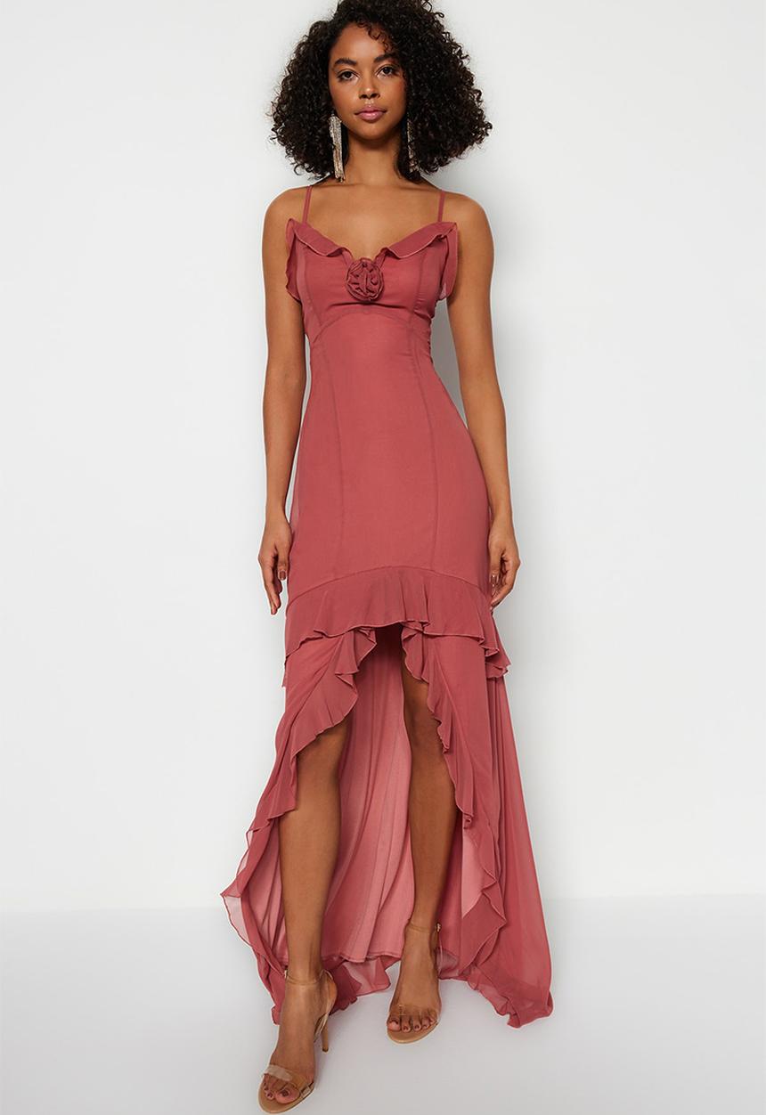 Trendyol - Ruffle maxi evening dress - pink