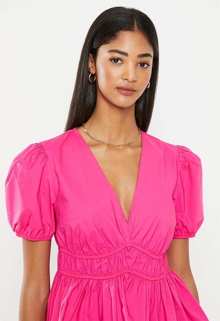 Me&B - The elasticated v-neck cotton blouse - pink