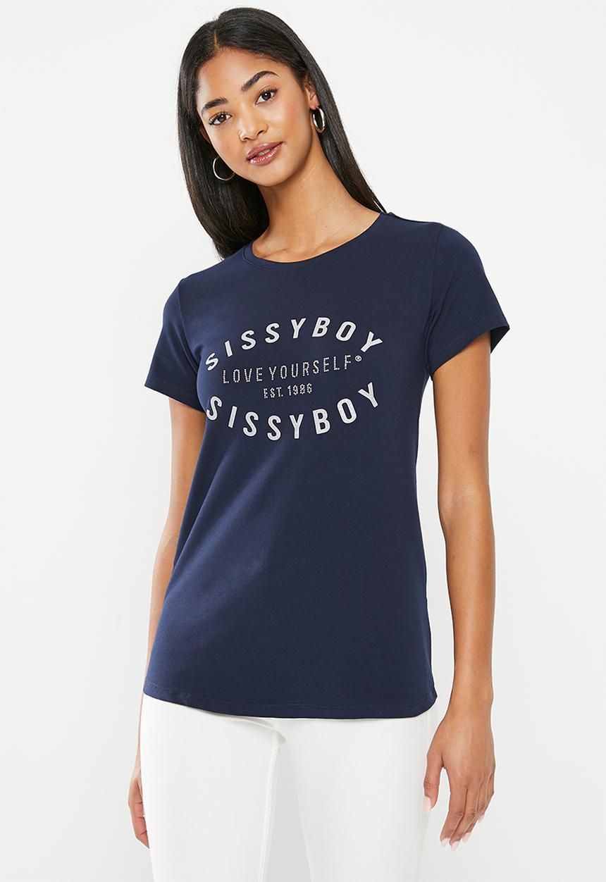 SISSY BOY - Delay no more: regular fit glitter print logo top - navy