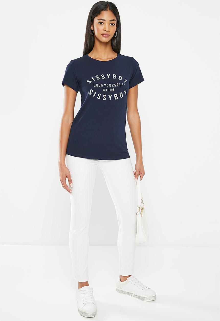 SISSY BOY - Delay no more: regular fit glitter print logo top - navy