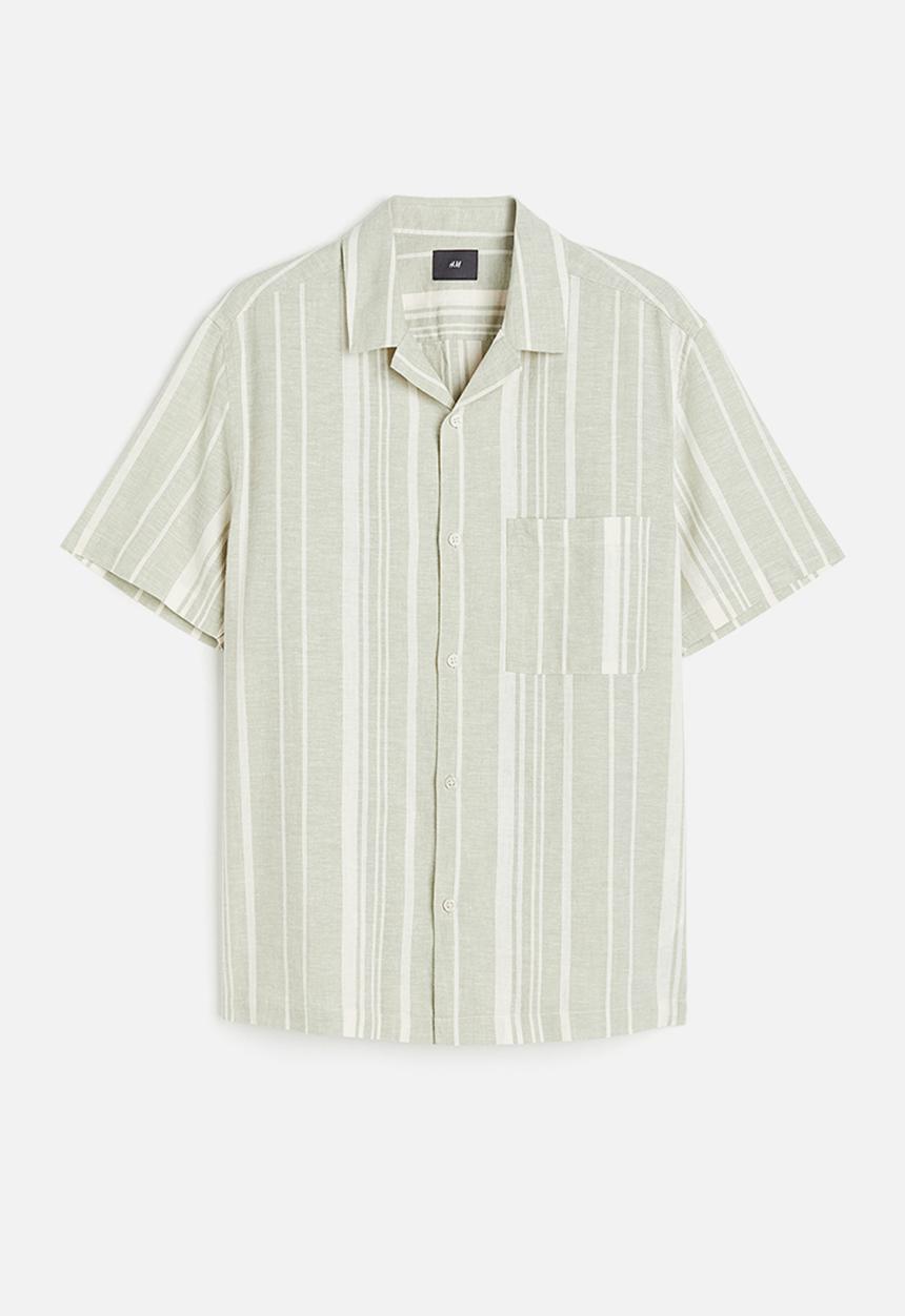 H&M - Regular fit linen-blend shirt - dusty green & white striped 