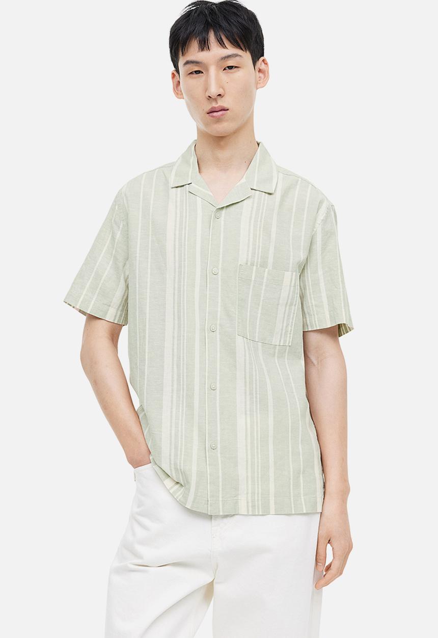 H&M - Regular fit linen-blend shirt - dusty green & white striped 