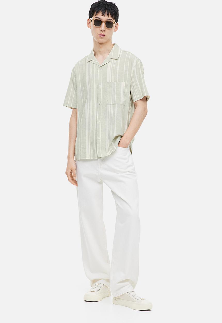 H&M - Regular fit linen-blend shirt - dusty green & white striped 