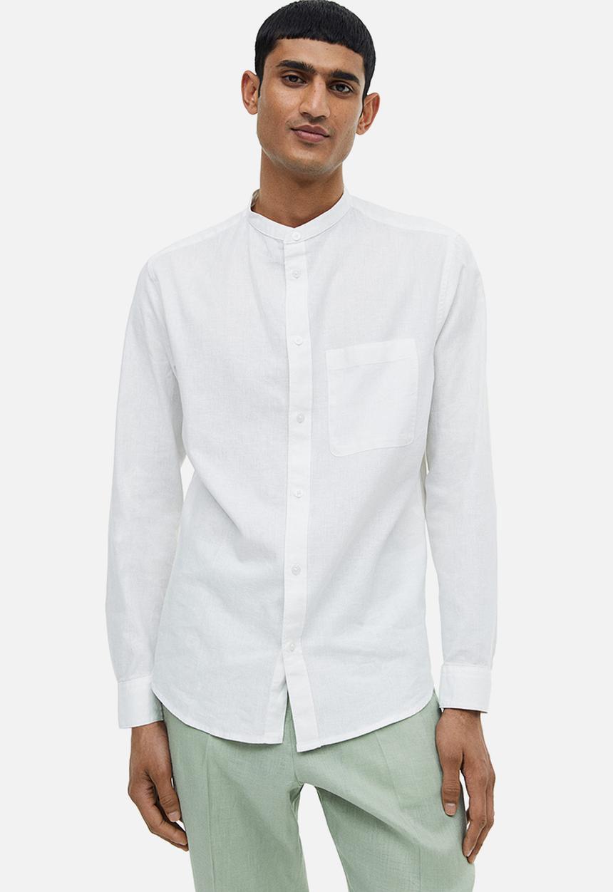 H&M - Regular fit linen-blend grandad shirt - white