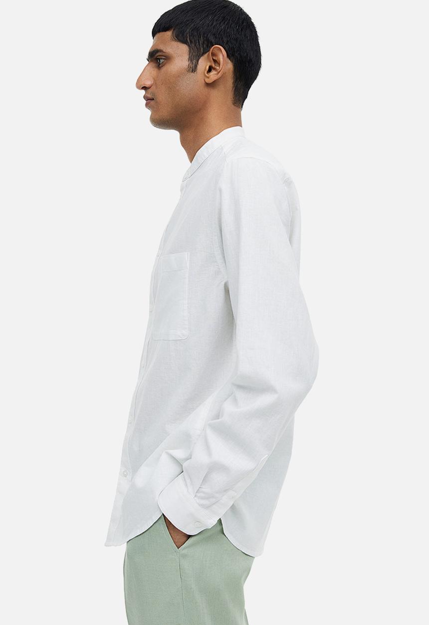 H&M - Regular fit linen-blend grandad shirt - white