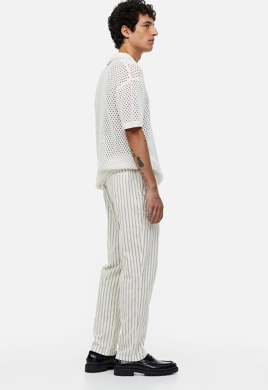 H&M - Regular fit linen-blend trousers - white pinstriped 