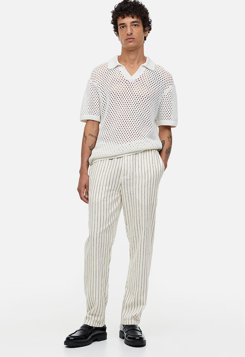 H&M - Regular fit linen-blend trousers - white pinstriped 