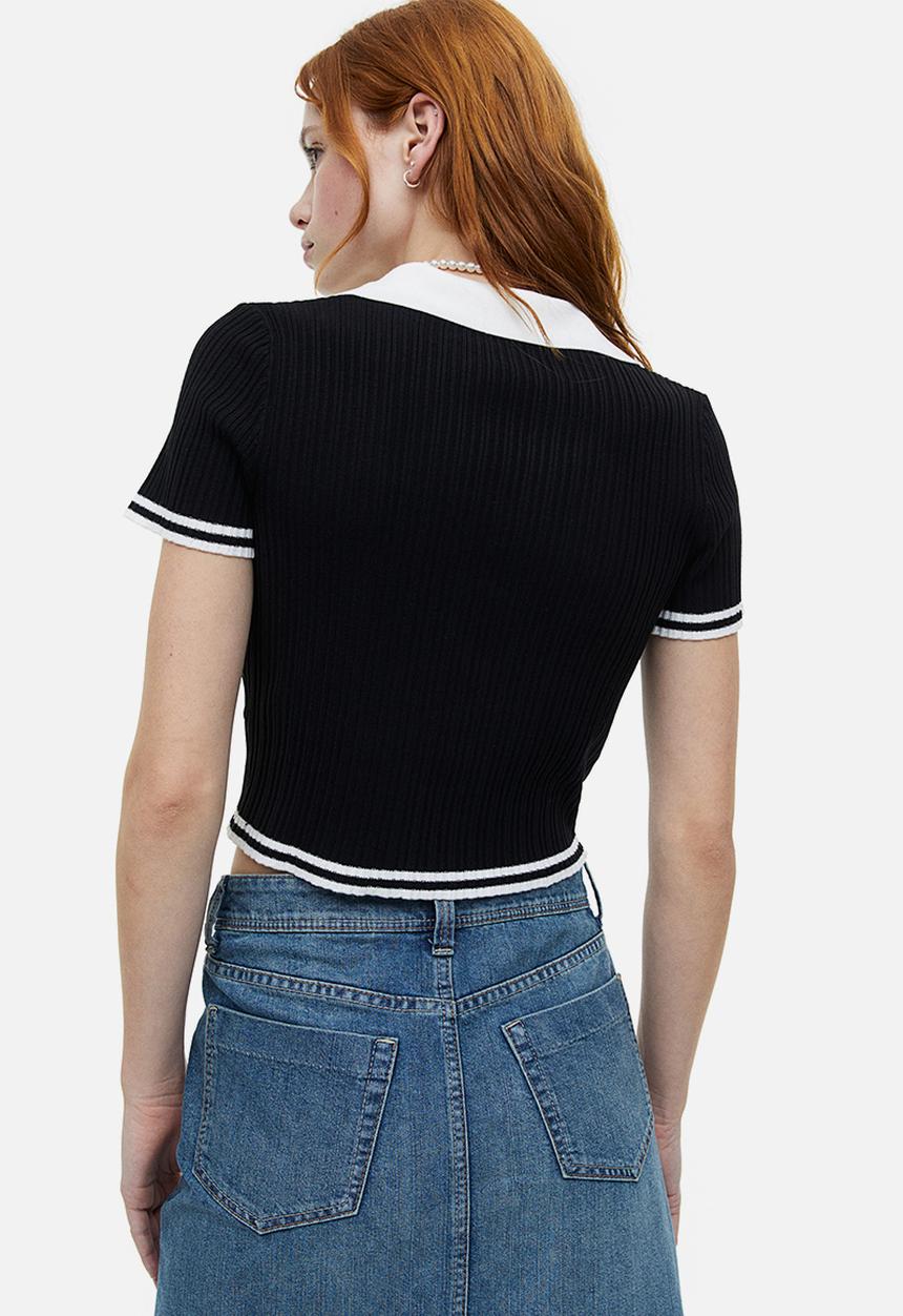 H&M - Collared rib knit top - black & white 