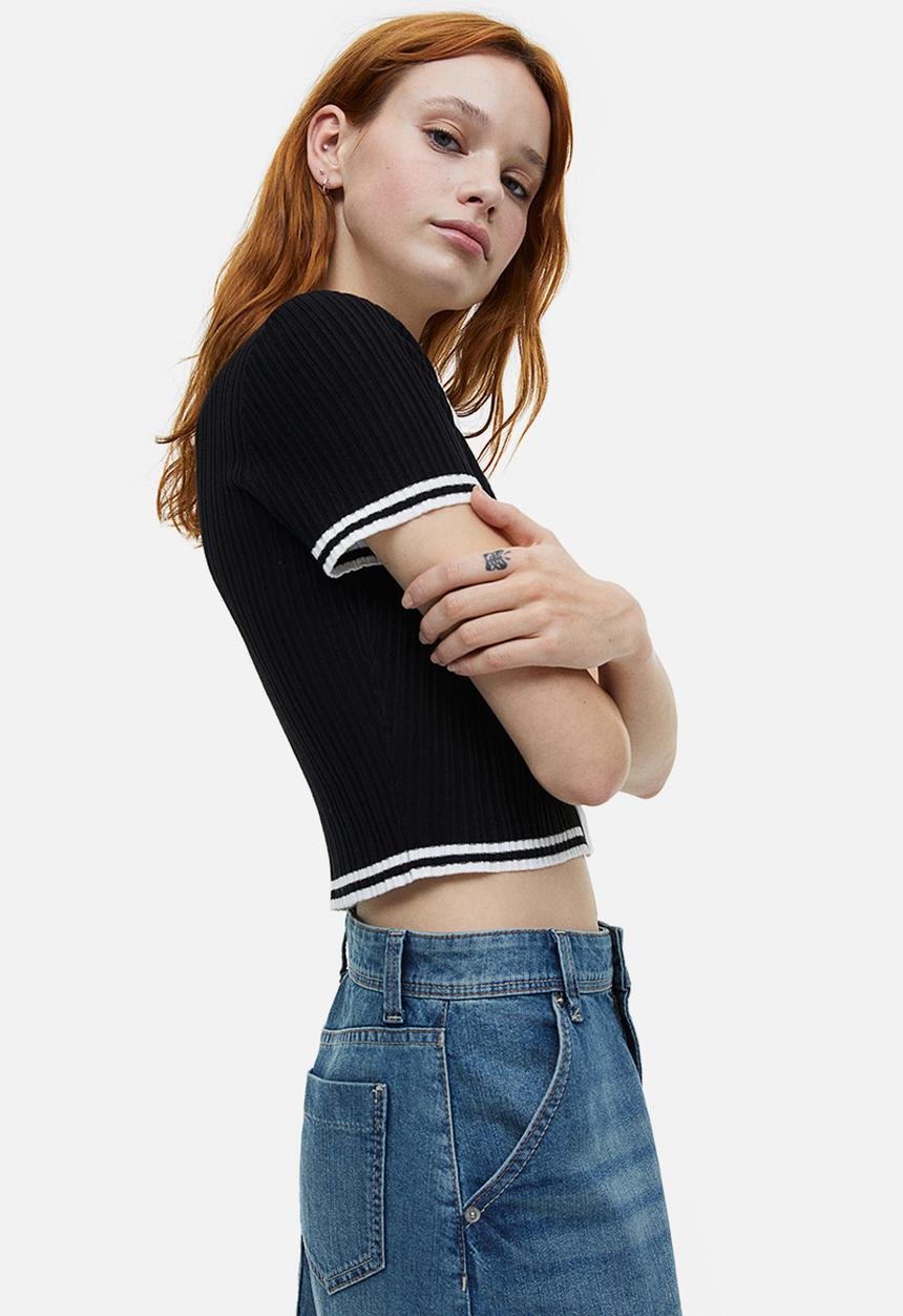 H&M - Collared rib knit top - black & white 
