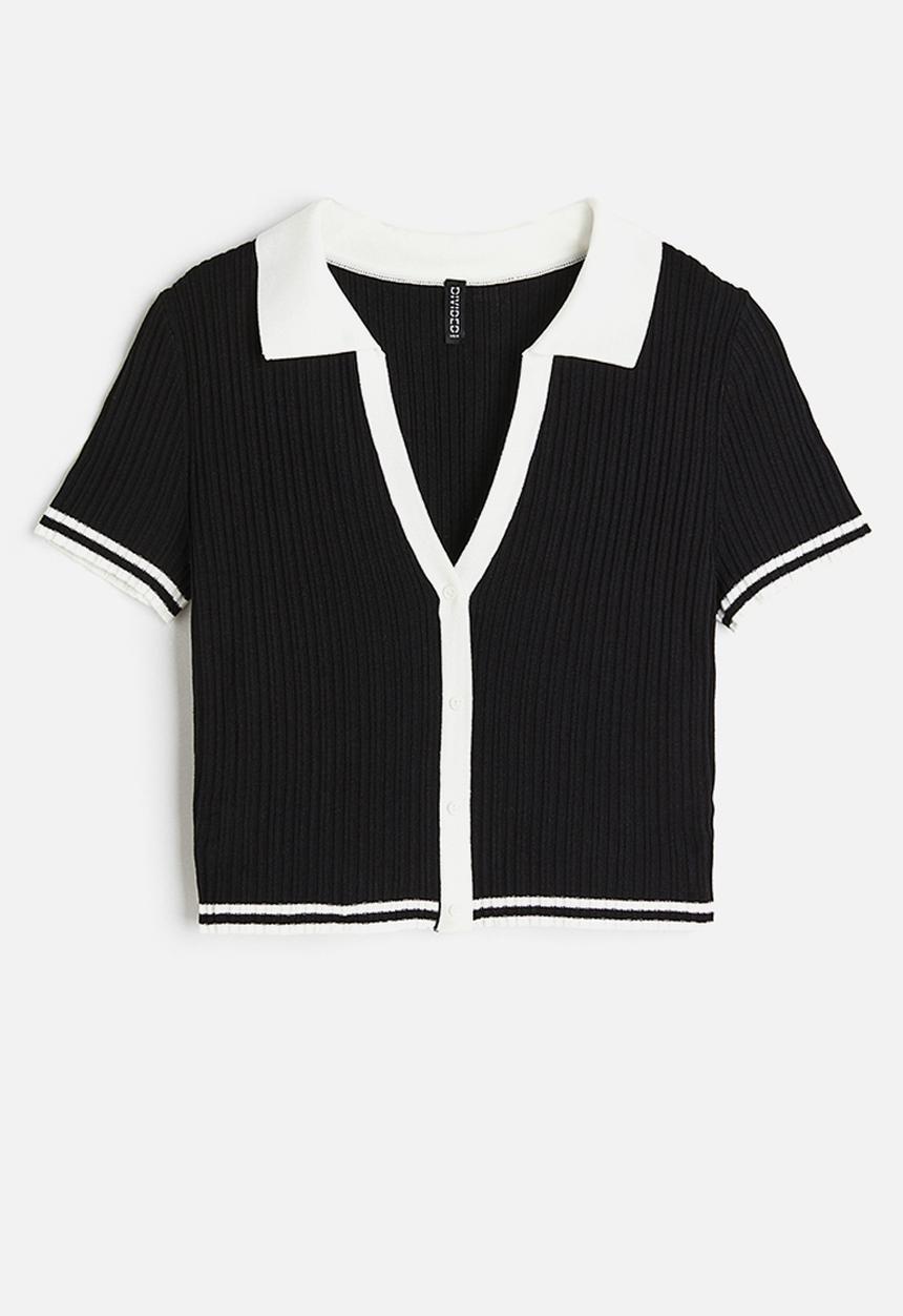 H&M - Collared rib knit top - black & white 