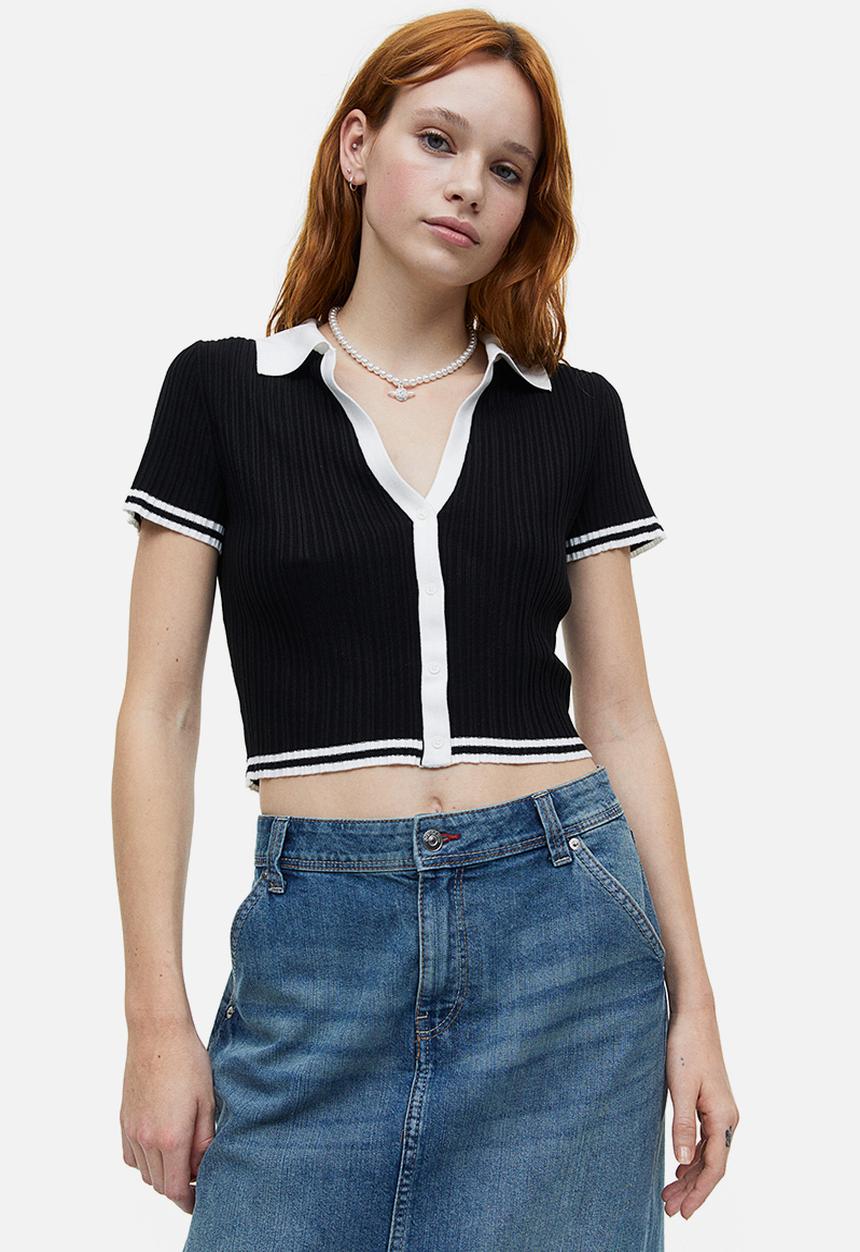 H&M - Collared rib knit top - black & white 