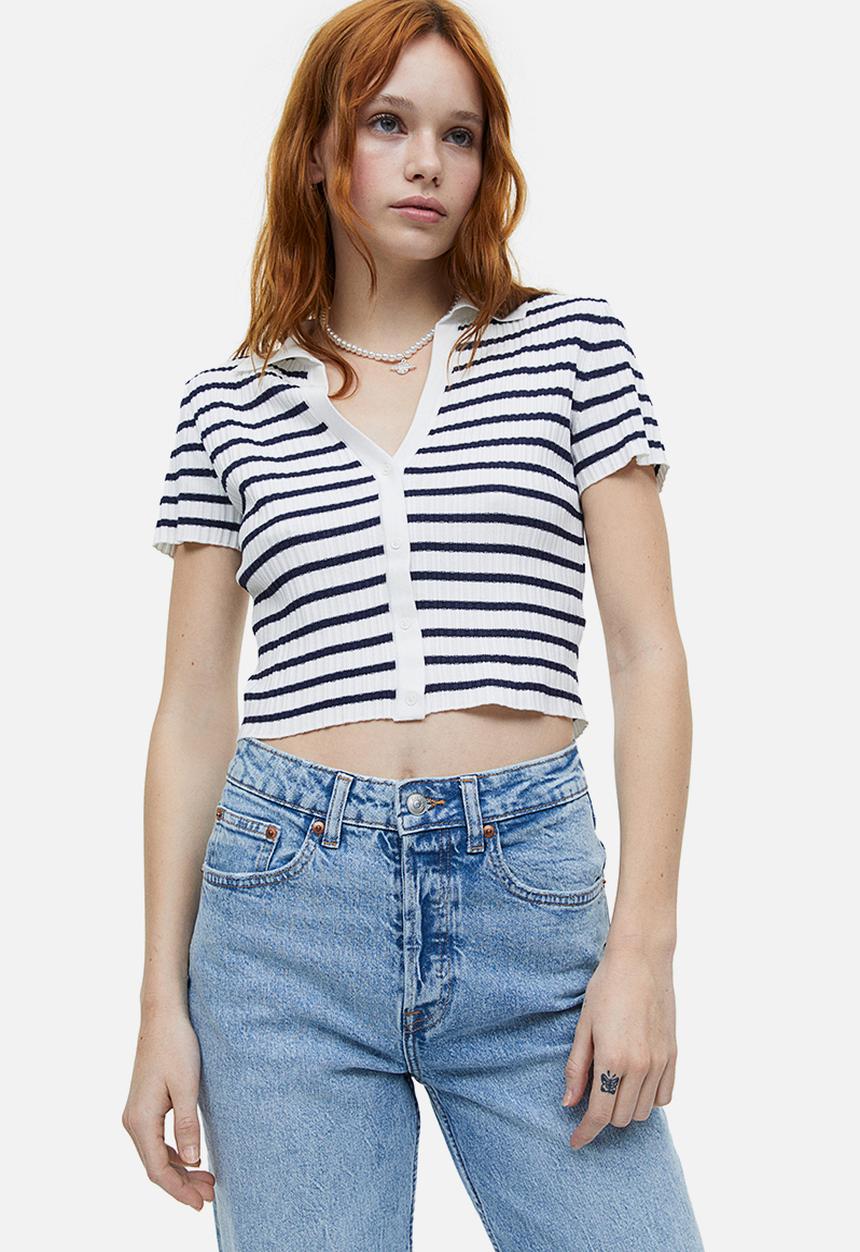 H&M - Collared rib knit top - white & black striped