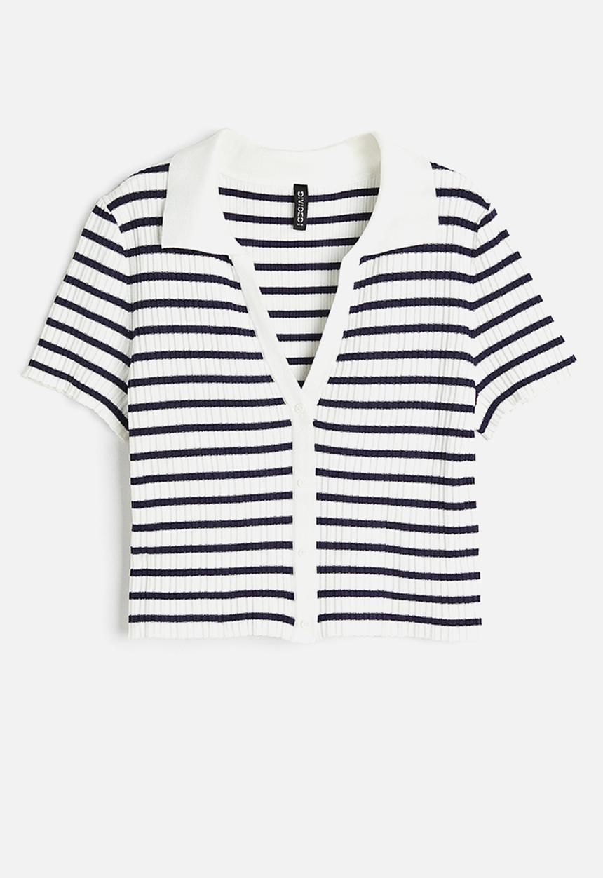 H&M - Collared rib knit top - white & black striped