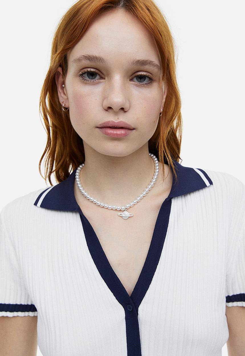 H&M - Collared rib knit top - white & dark blue