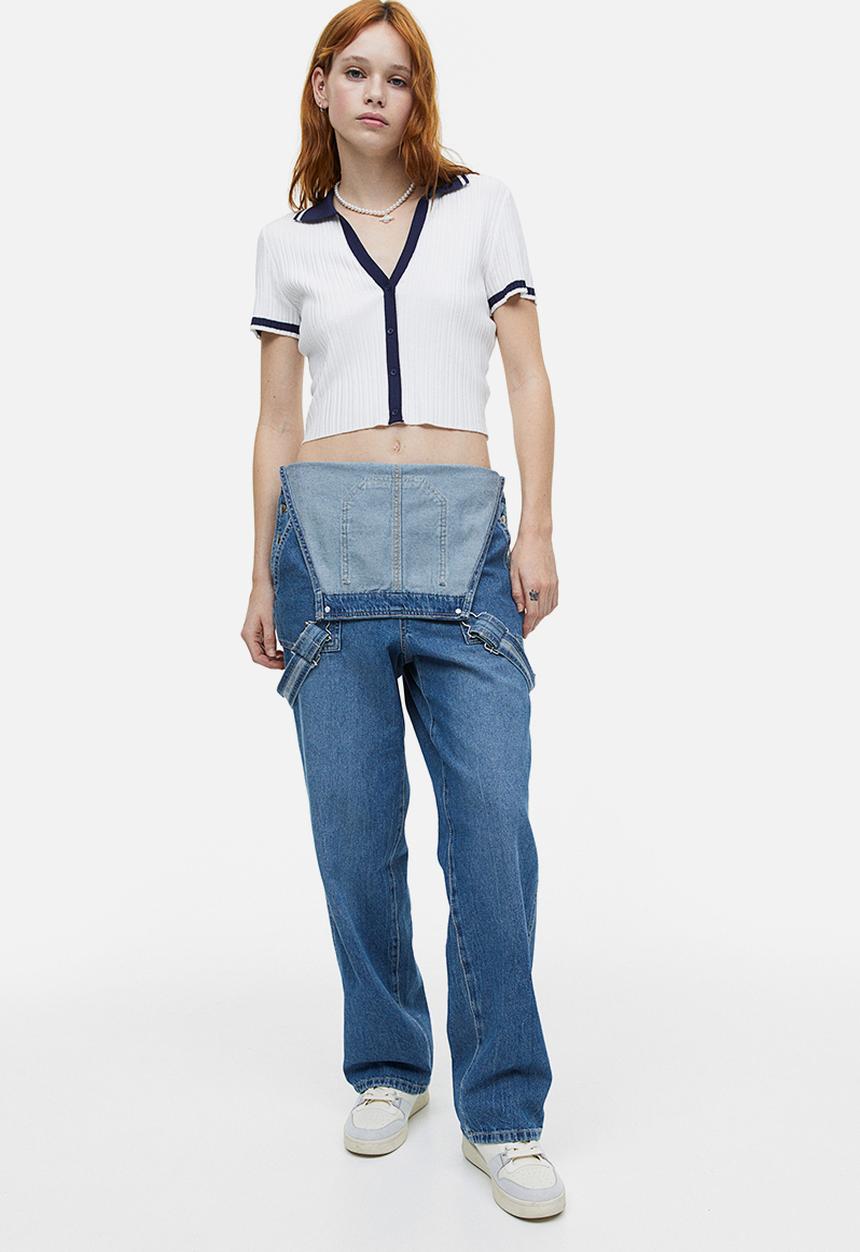 H&M - Collared rib knit top - white & dark blue