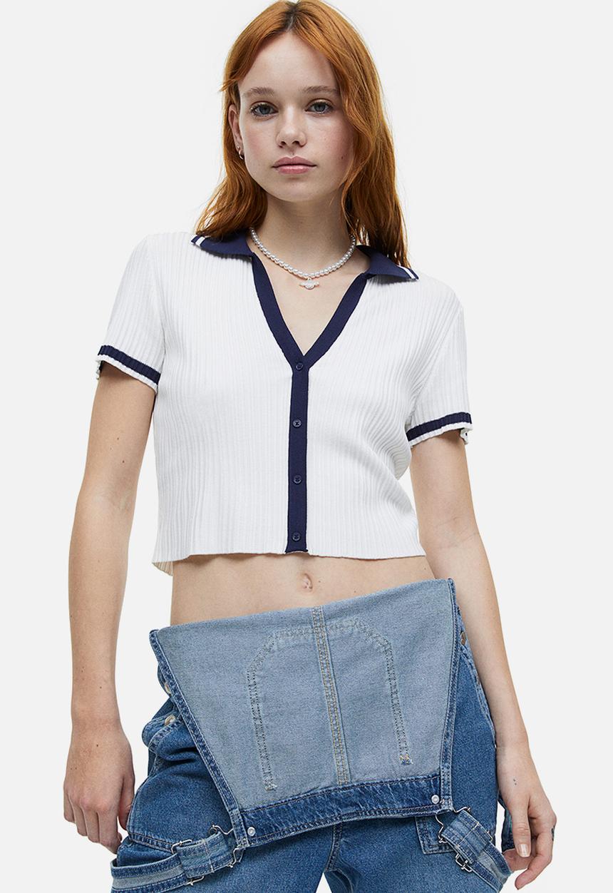 H&M - Collared rib knit top - white & dark blue