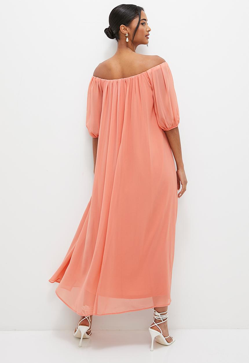 MILLA - Bardot chiffon maxi - guava