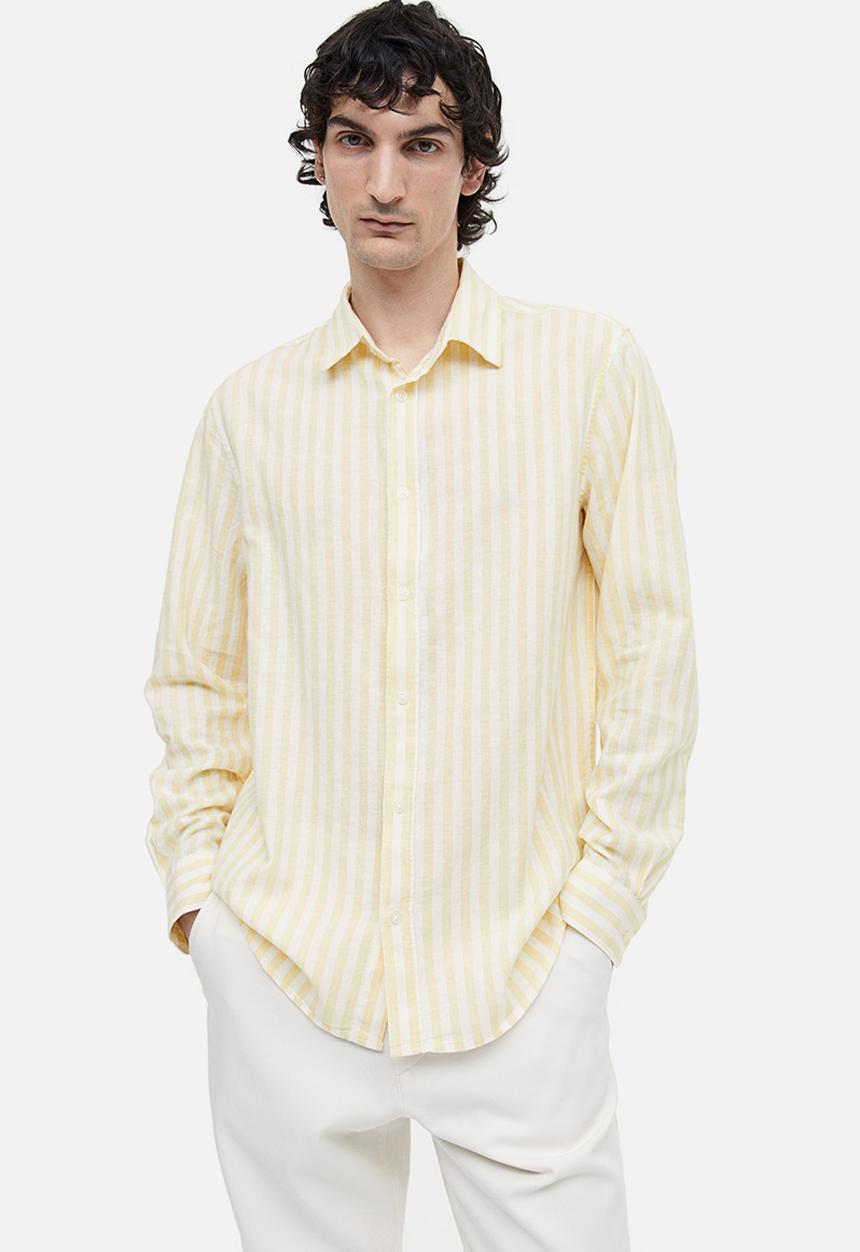 H&M - Regular fit linen-blend shirt - light yellow & white striped