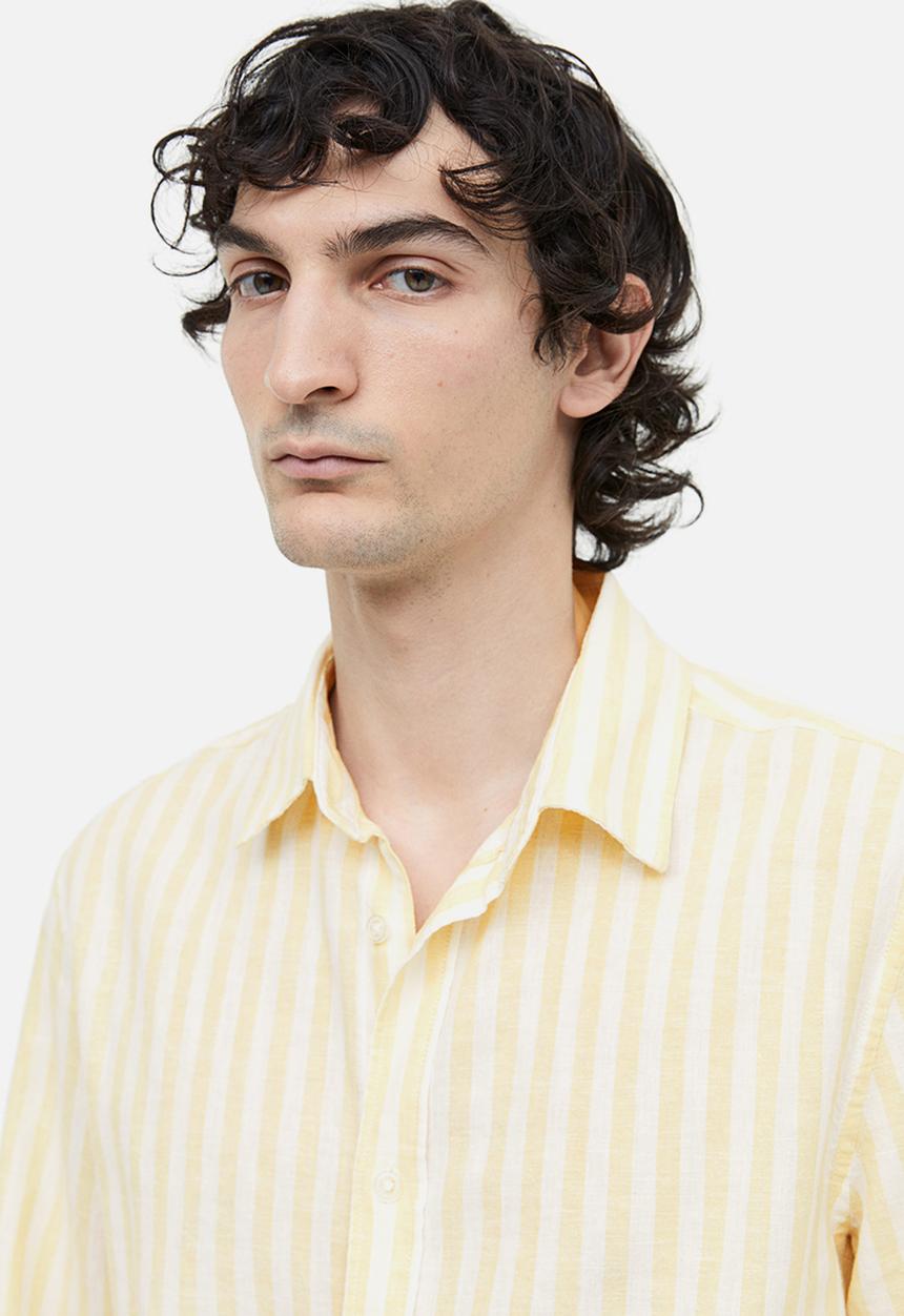 H&M - Regular fit linen-blend shirt - light yellow & white striped
