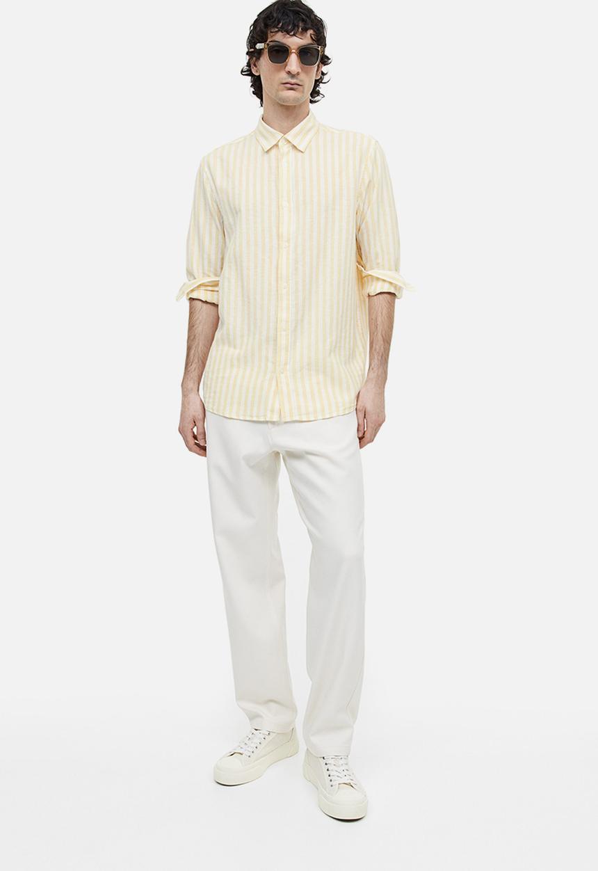 H&M - Regular fit linen-blend shirt - light yellow & white striped
