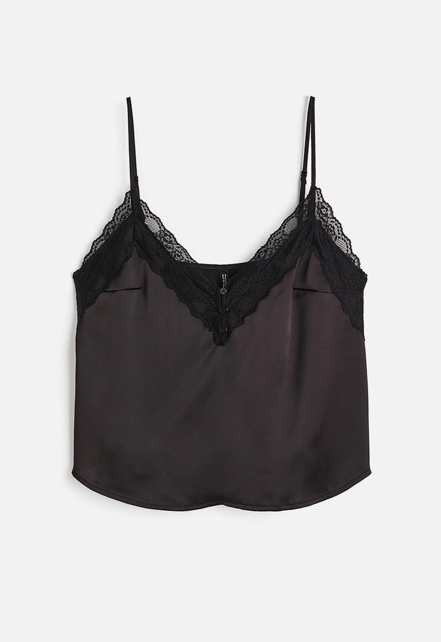H&M - Lace-trimmed satin cami top - black
