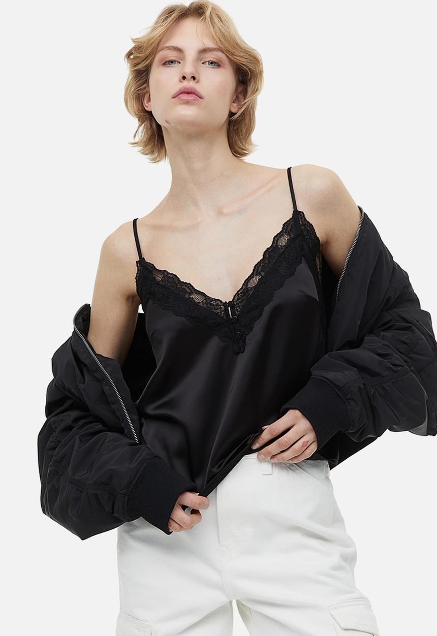 H&M - Lace-trimmed satin cami top - black