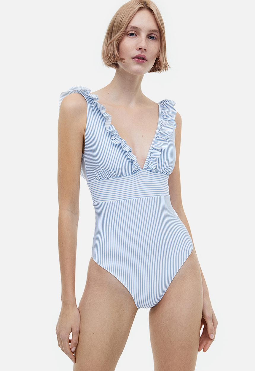 H&M - Padded-cup swimsuit - light blue striped 