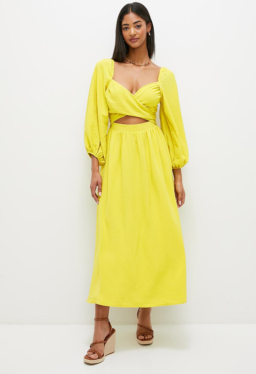 MILLA - Wrap front balloon sleeve midi dress - citron