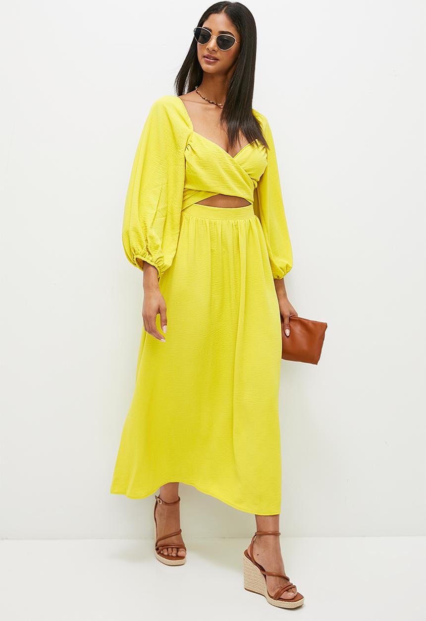 MILLA - Wrap front balloon sleeve midi dress - citron