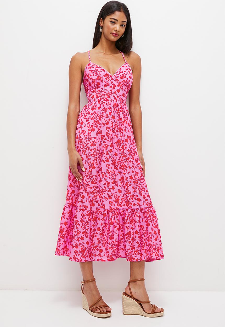 MILLA - strappy fit & flare with tier hem- red pink floral