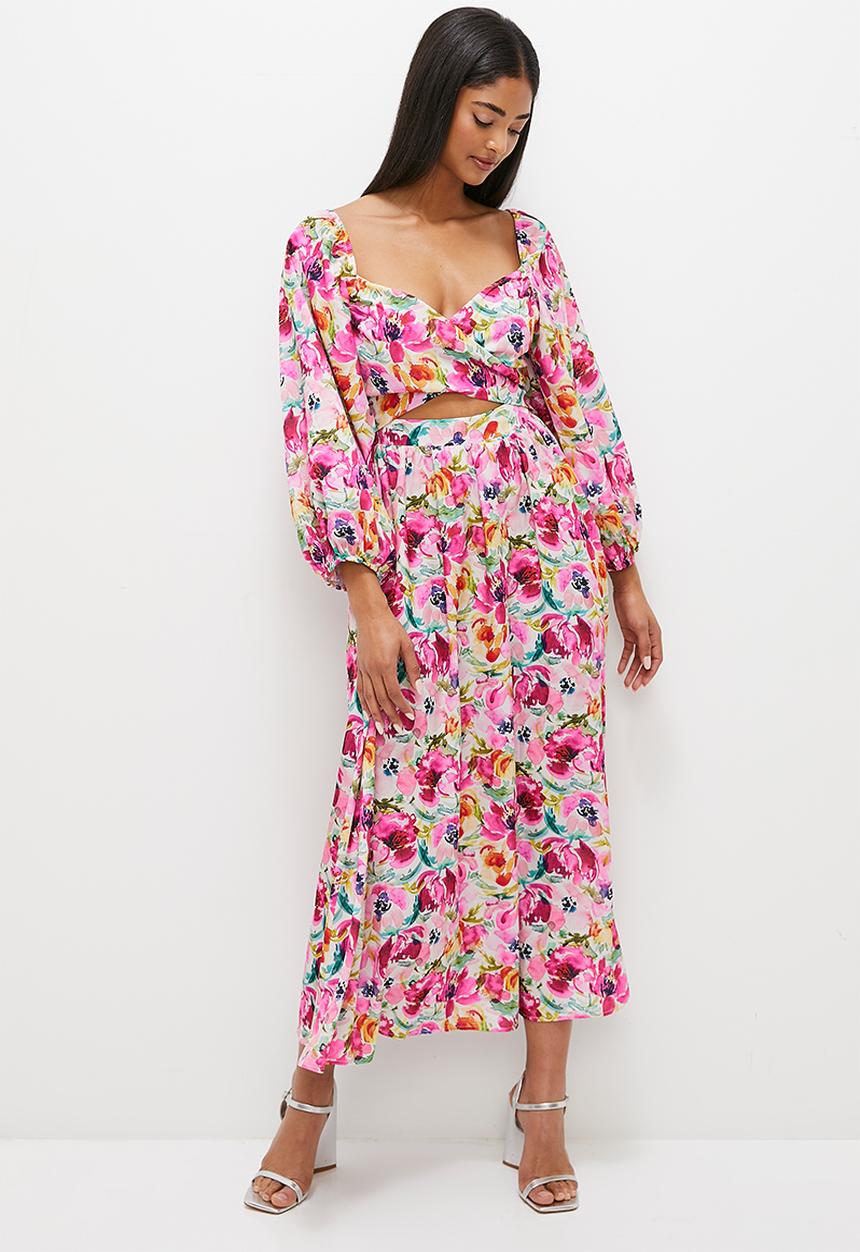 MILLA - wrap front ballon sleeve midi dress - pink 