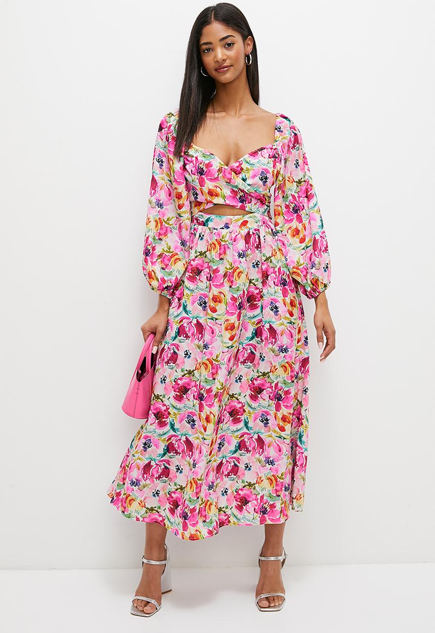 MILLA - wrap front ballon sleeve midi dress - pink 