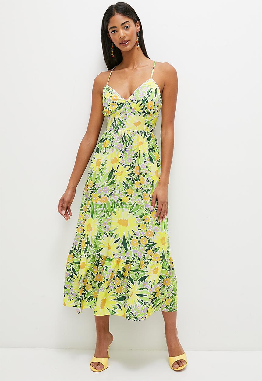 MILLA - Strappy fit & flare with tier hem- green & yellow 