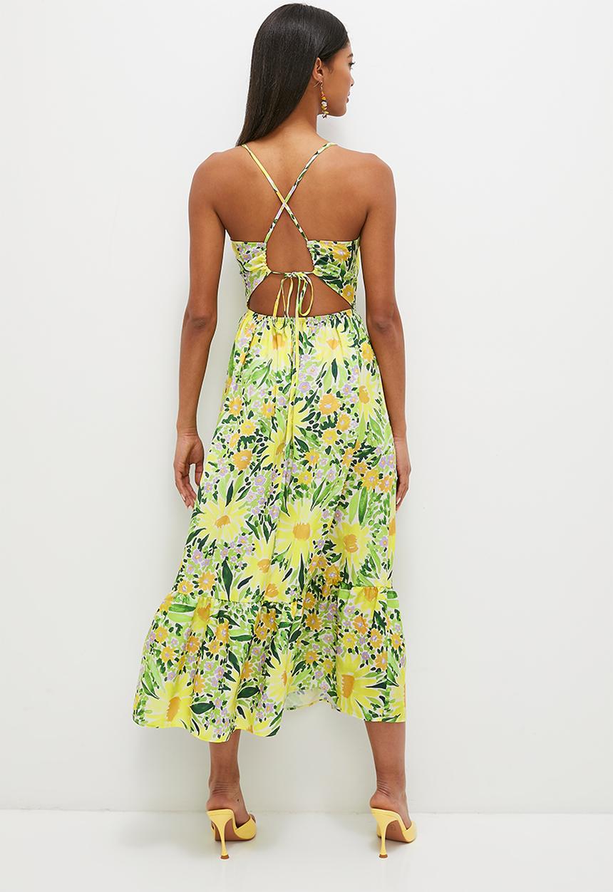 MILLA - Strappy fit & flare with tier hem- green & yellow 